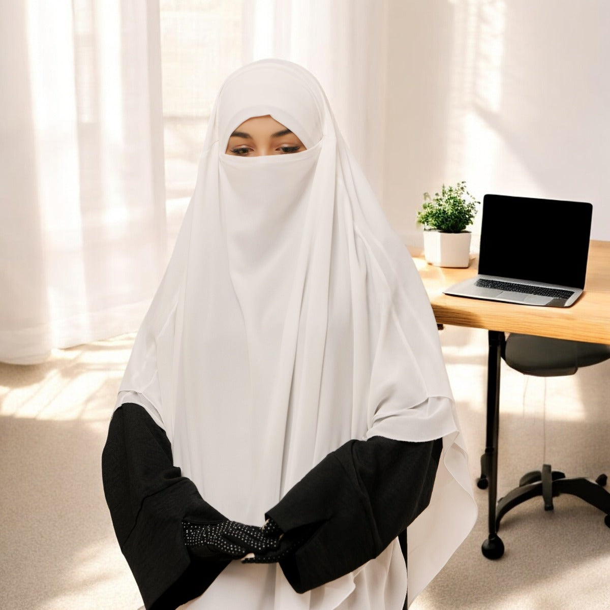 Bashariya White Color Three-Layer Triangular Long Prayer Khimar Hijab with Attached Mouthpiece