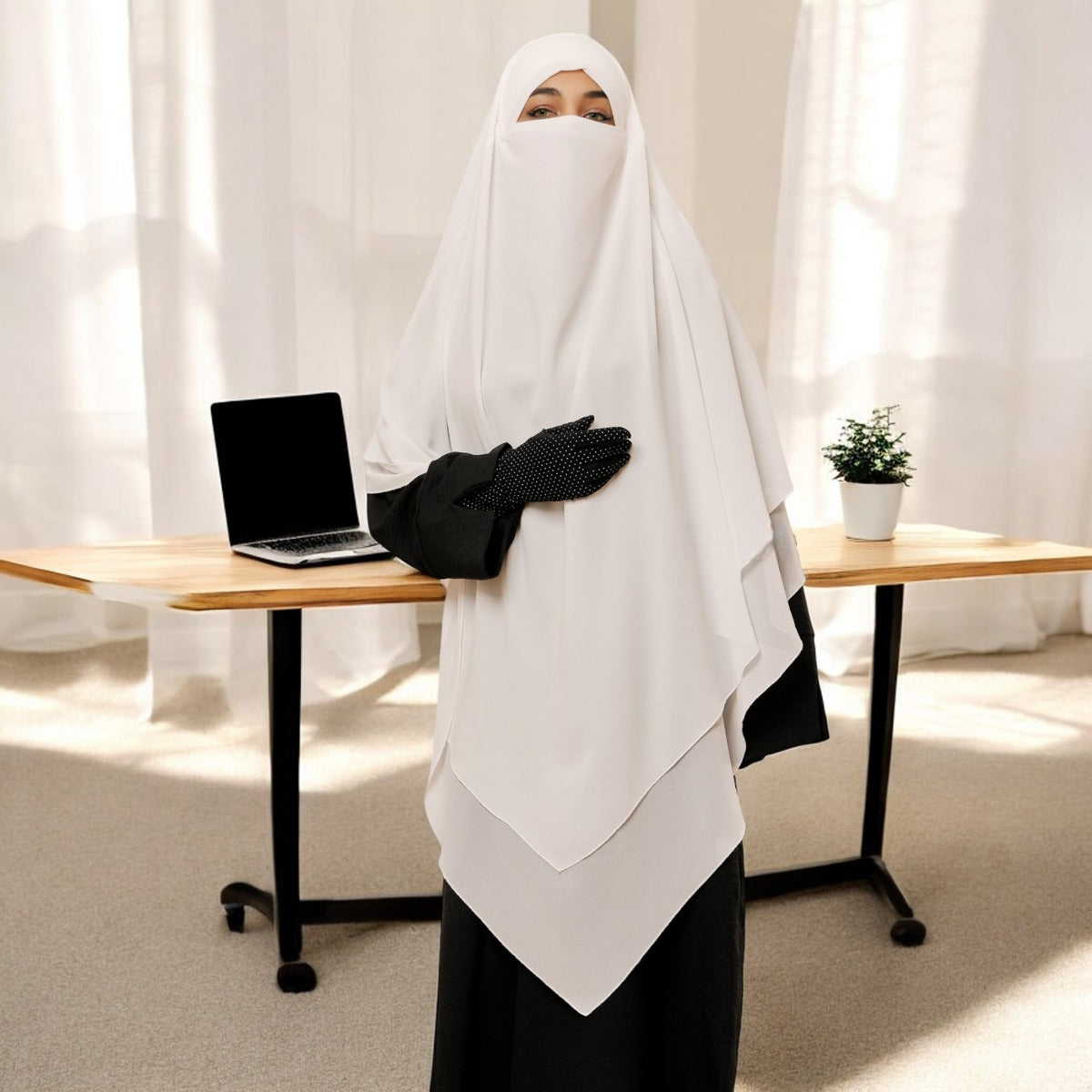 Bashariya White Color Three-Layer Triangular Long Prayer Khimar Hijab with Attached Mouthpiece
