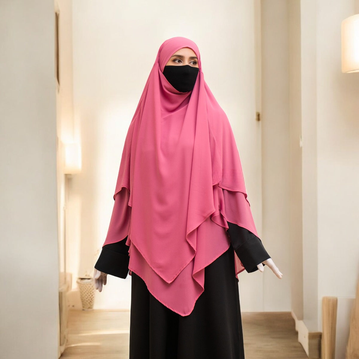 Bashariya Pink Color Two-Layer Triangle Prayer Khimar Hijab with Attached Mouthpiece | Ready-to-Wear with Tie-Back Design in Soft Georgette Fabric Wear with Tie-Back Design in Soft Georgette Fabric