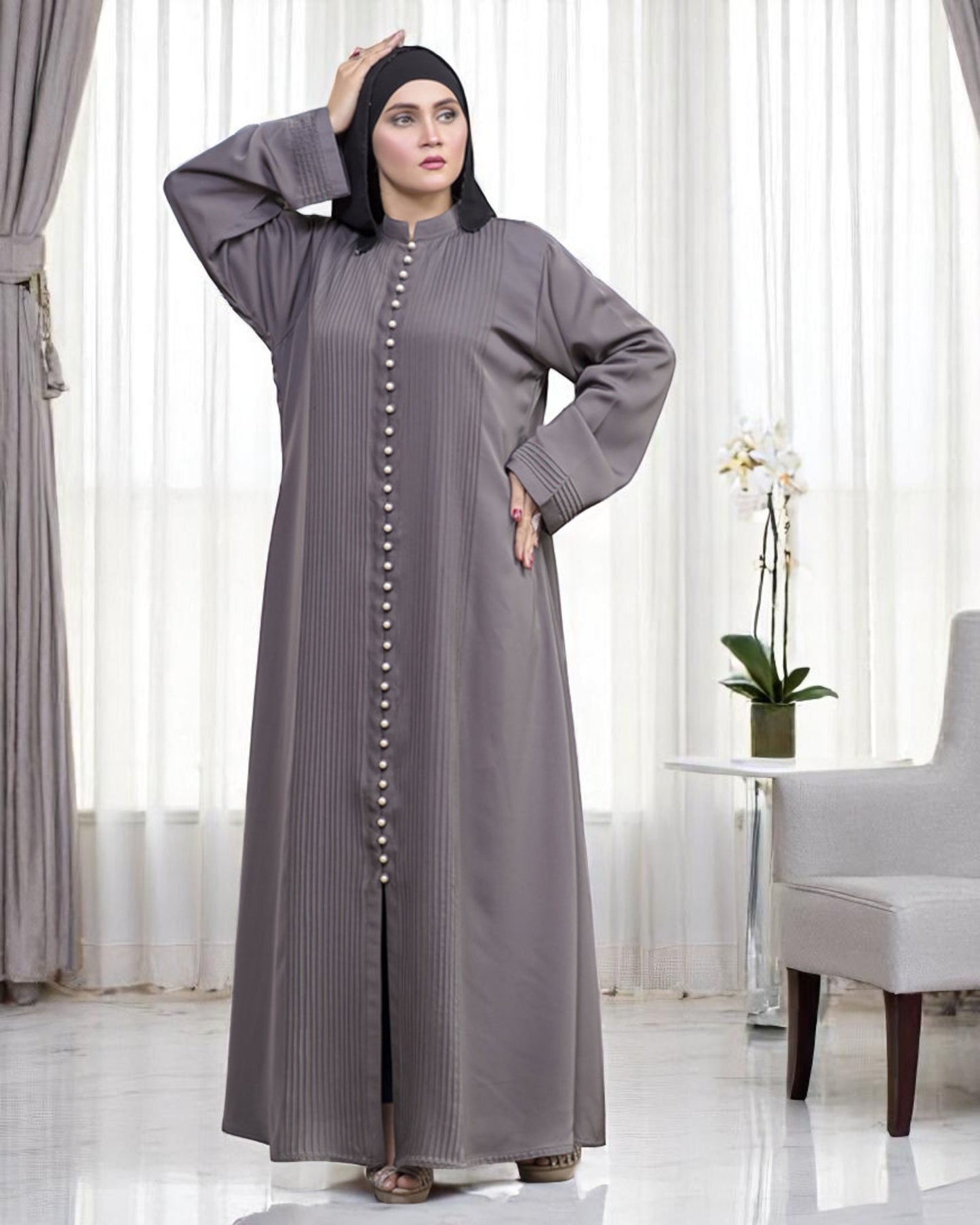 Designer Abaya in Premium Praada Fabric with Pin Tucks, Fancy Buttons, and Black Hijab