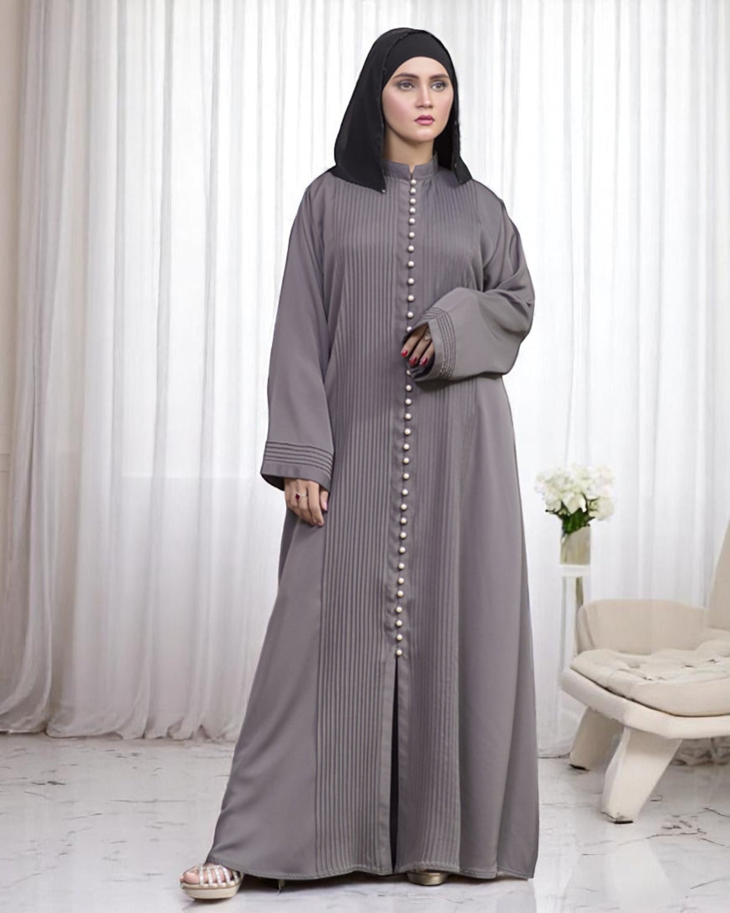 Designer Abaya in Premium Praada Fabric with Pin Tucks, Fancy Buttons, and Black Hijab