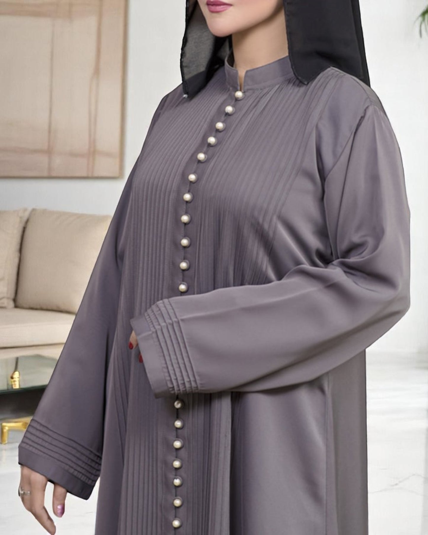 Designer Abaya in Premium Praada Fabric with Pin Tucks, Fancy Buttons, and Black Hijab