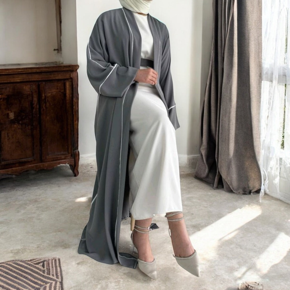Elegant Three-Piece Abaya Set with Contrast Piping