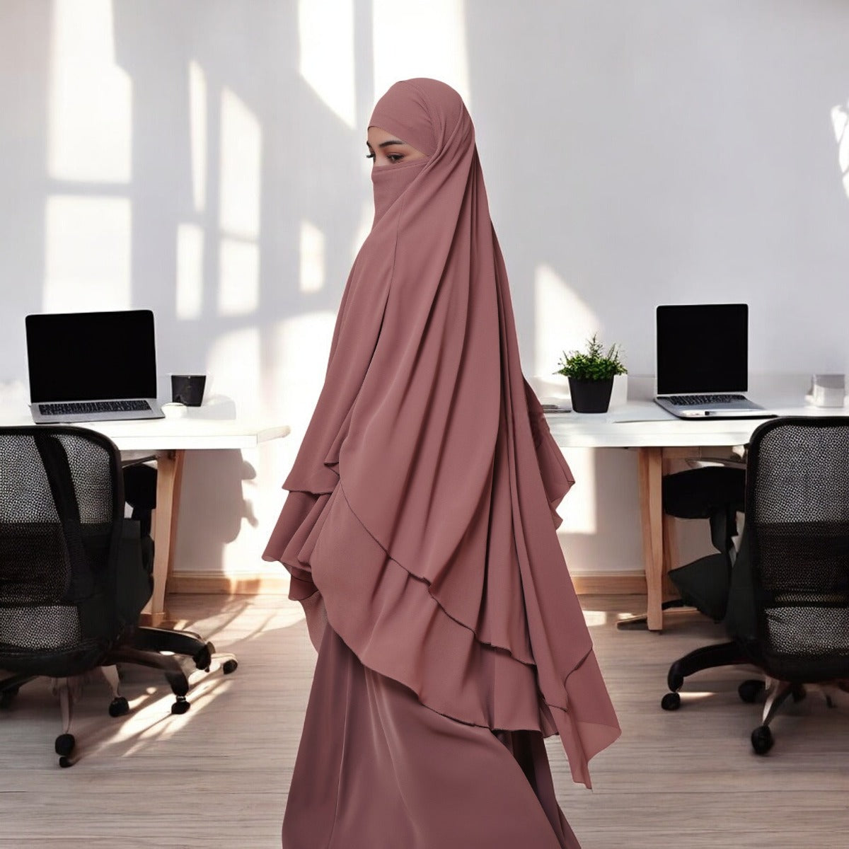 Bashariya Puce Pink Color Three-Layer Triangular Long Prayer Khimar Hijab with Attached Mouthpiece|Short Jilbab