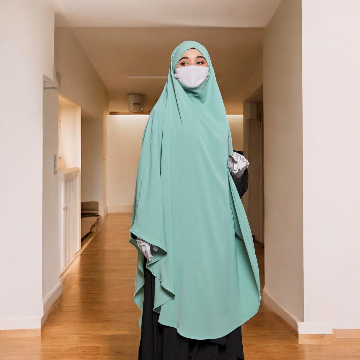 Bashariya Sky Blue Color Long Prayer Khimar hijab with Attached Mouthpiece
