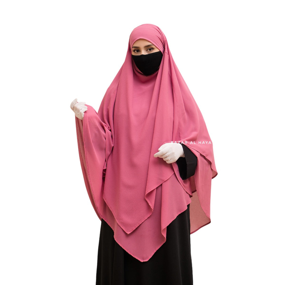 Bashariya Pink Color Two-Layer Triangle Prayer Khimar Hijab with Attached Mouthpiece | Ready-to-Wear with Tie-Back Design in Soft Georgette Fabric Wear with Tie-Back Design in Soft Georgette Fabric