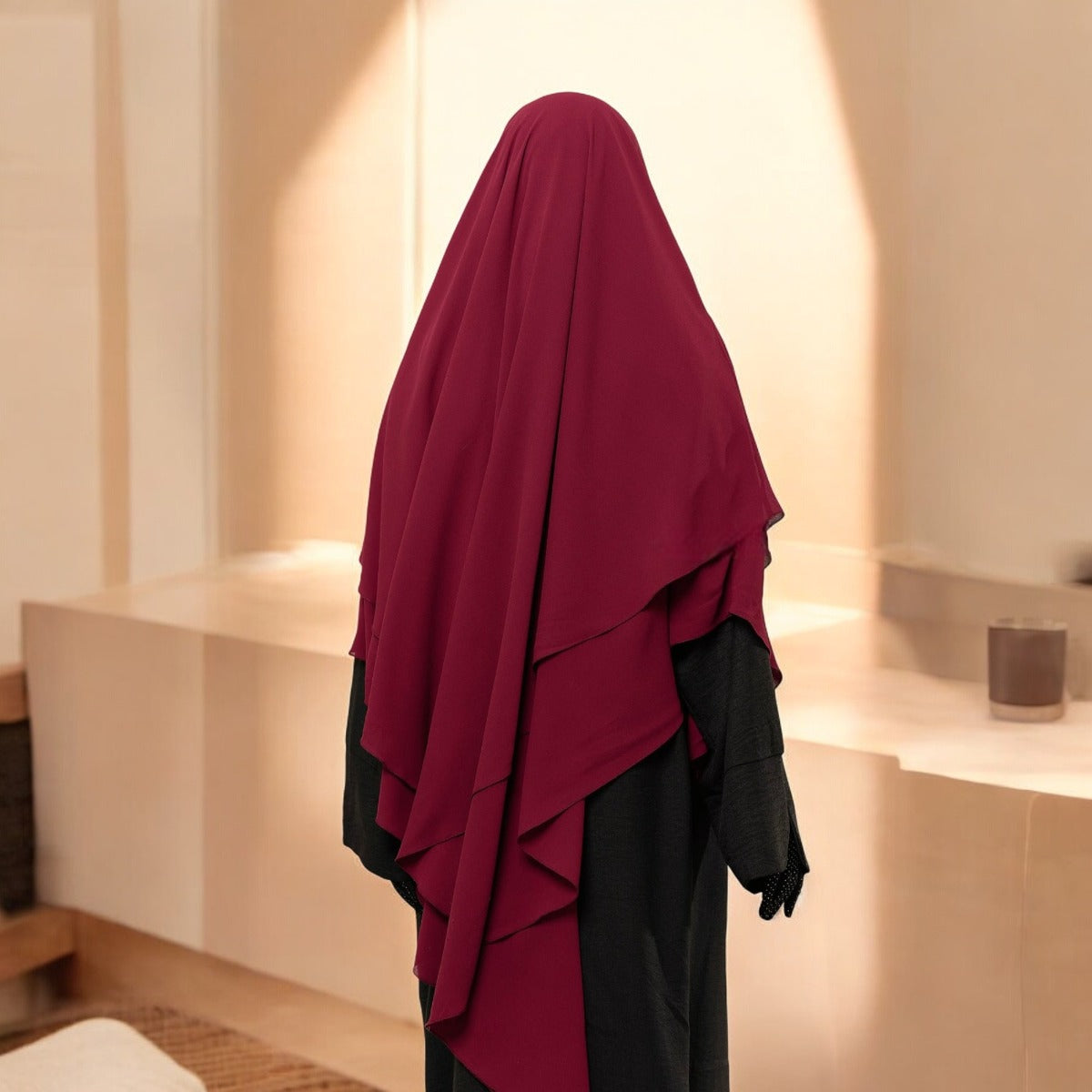 Bashariya Maroon Color Two-Layer Triangle Prayer Khimar Hijab with Attached Mouthpiece | Ready-to-Wear with Tie-Back Design in Soft Georgette Fabric