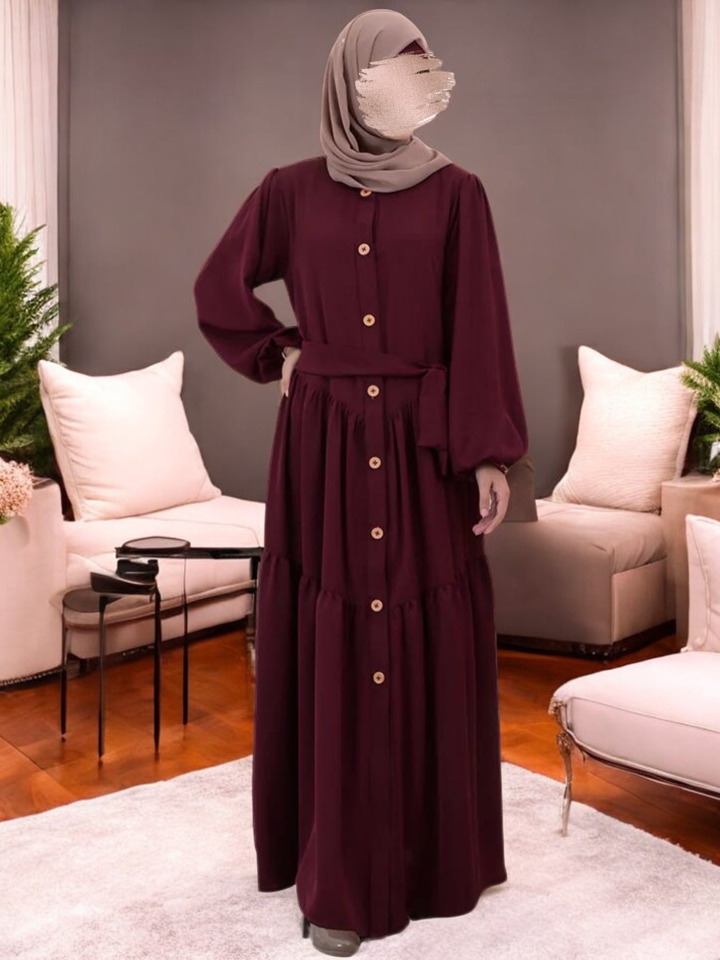 Multi-Tiered Abaya with Wooden Buttons and Elasticated Sleeves
