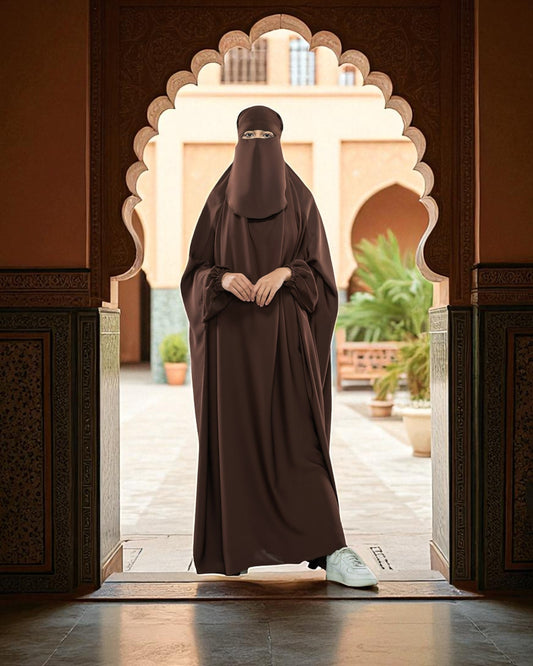 Firdaus Fabric Dark Brown One-Piece Jilbab with Nose Piece