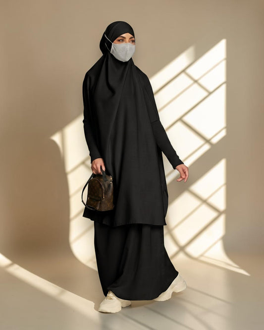 Elegant Two Piece Jilbab Set in Flow Crepe Fabric with Flared Skirt and Full Size Khimar