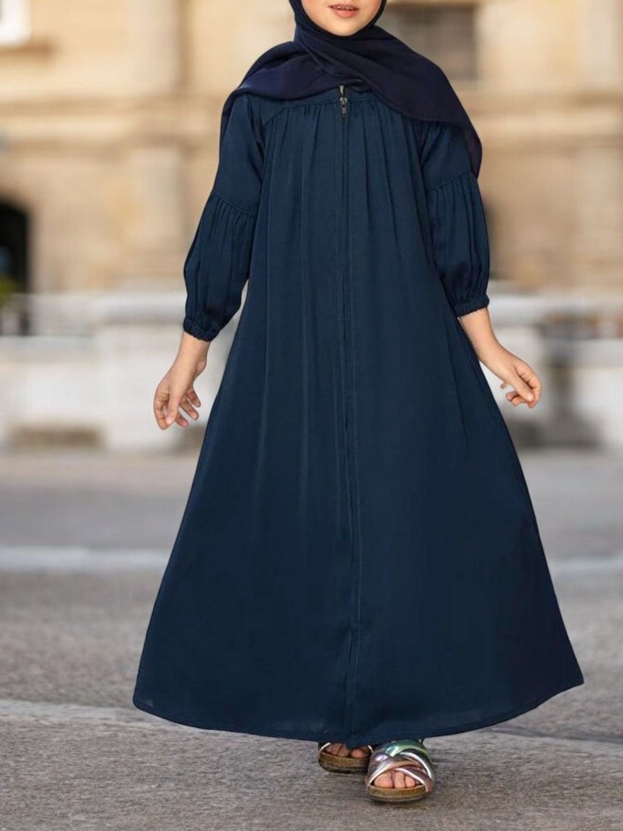 Front Open Abaya in Premium Firdaus Fabric For Kids | Elasticated Sleeves | Full Zipper Opening