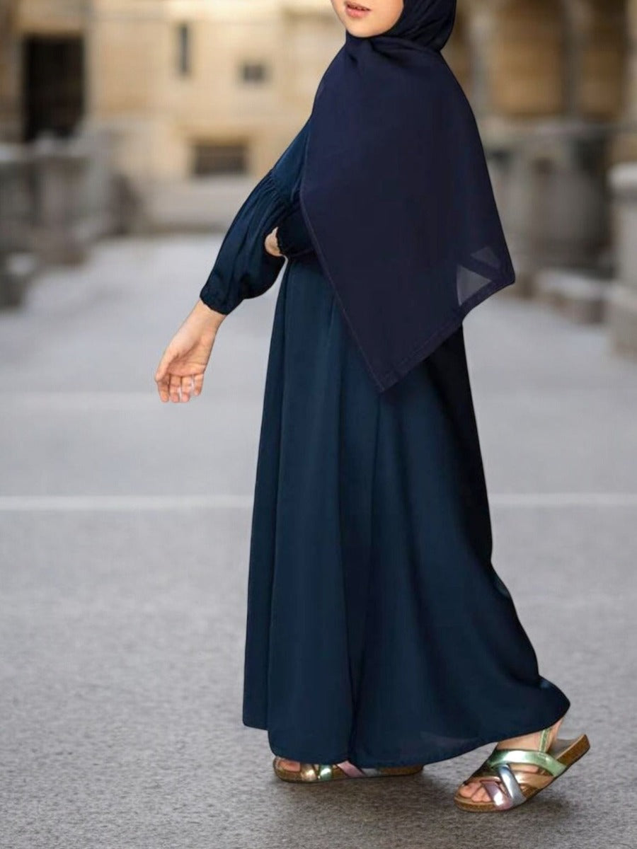 Front Open Abaya in Premium Firdaus Fabric For Kids | Elasticated Sleeves | Full Zipper Opening