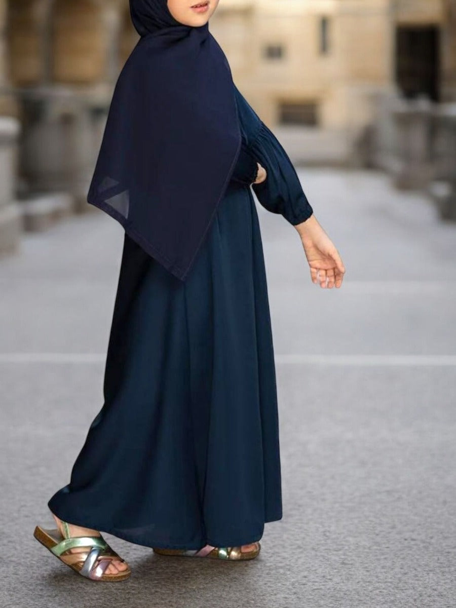 Front Open Abaya in Premium Firdaus Fabric For Kids | Elasticated Sleeves | Full Zipper Opening