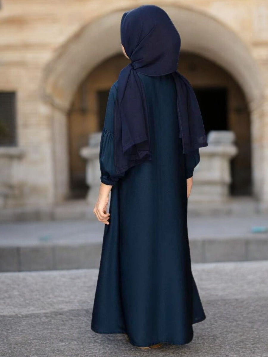 Front Open Abaya in Premium Firdaus Fabric For Kids | Elasticated Sleeves | Full Zipper Opening