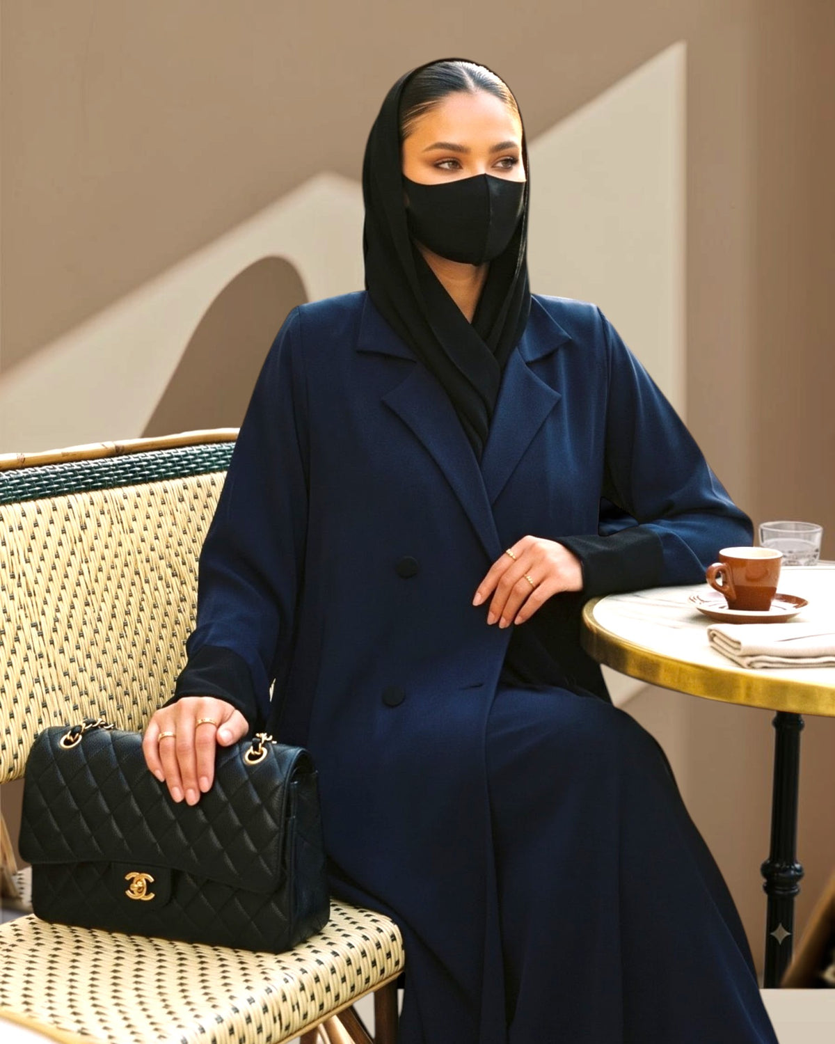 Navy Blue Double-Breasted Coat Style Abaya with Contrast Collar