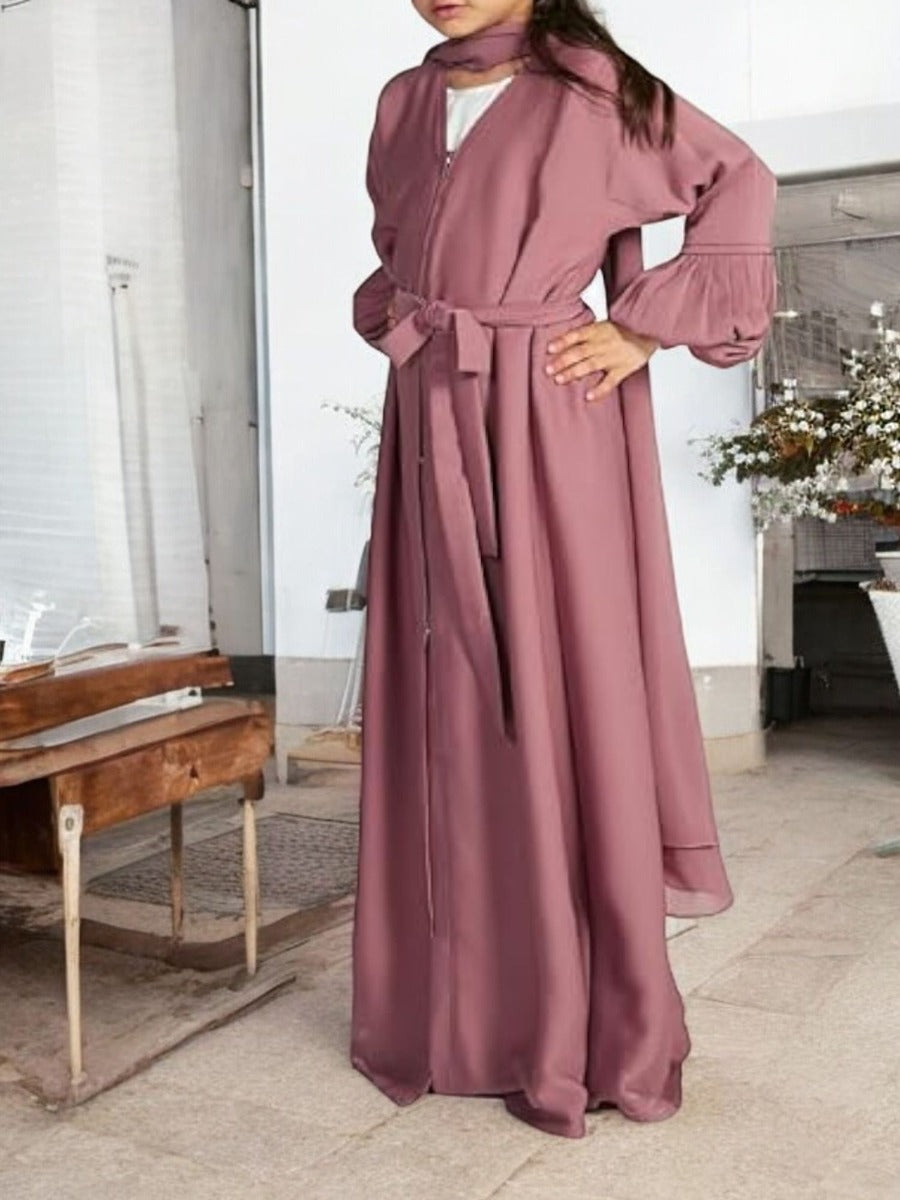 Three-Piece Abaya Set with Cardigan, Hijab, and Belt