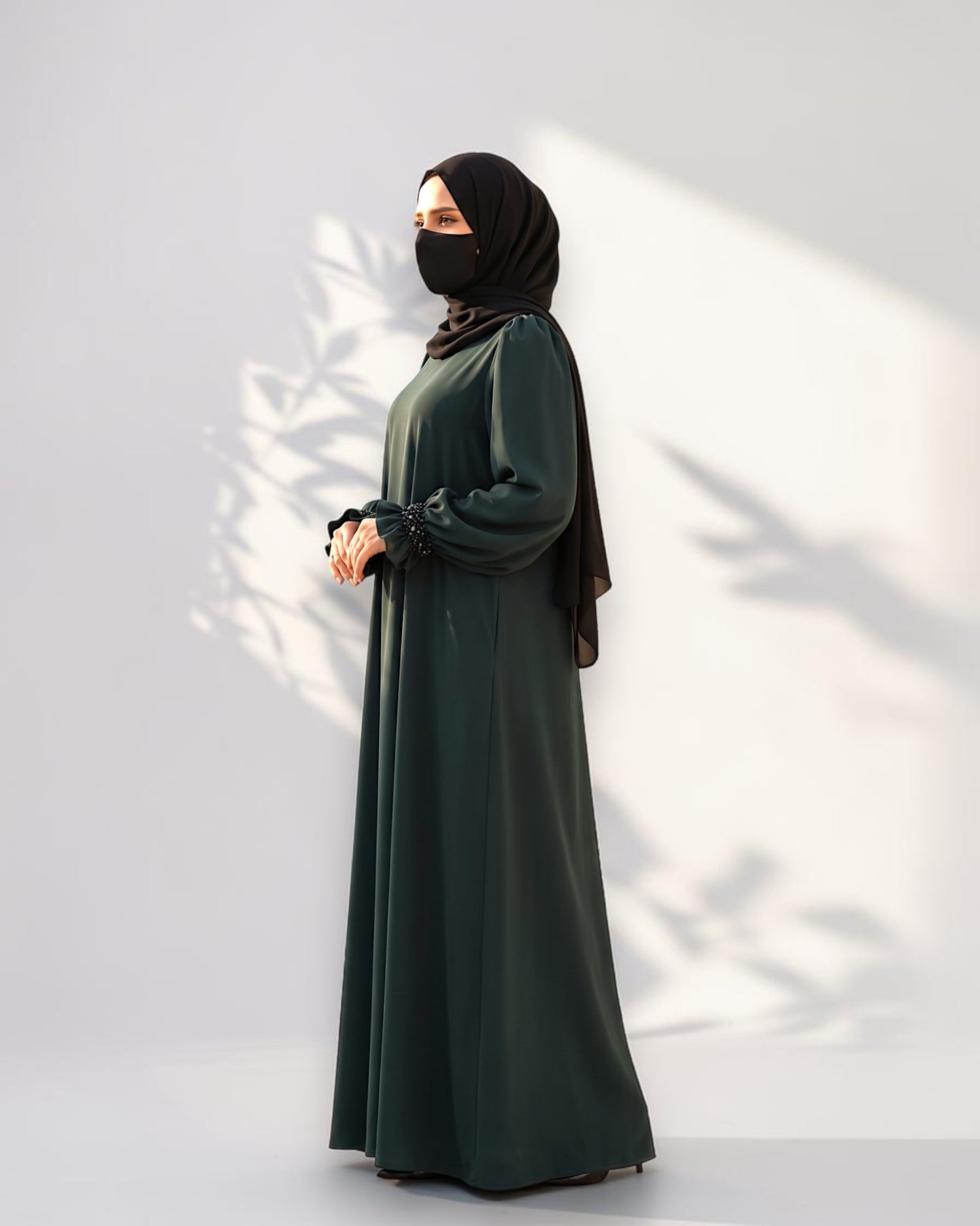 Mahram Dark Green Praada Fancy Abaya with Beaded Ruffled Sleeves and Pockets