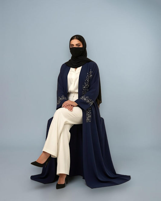 Navy Blue Praada Front-Open Embroidered Abaya with Asymmetrical Handwork