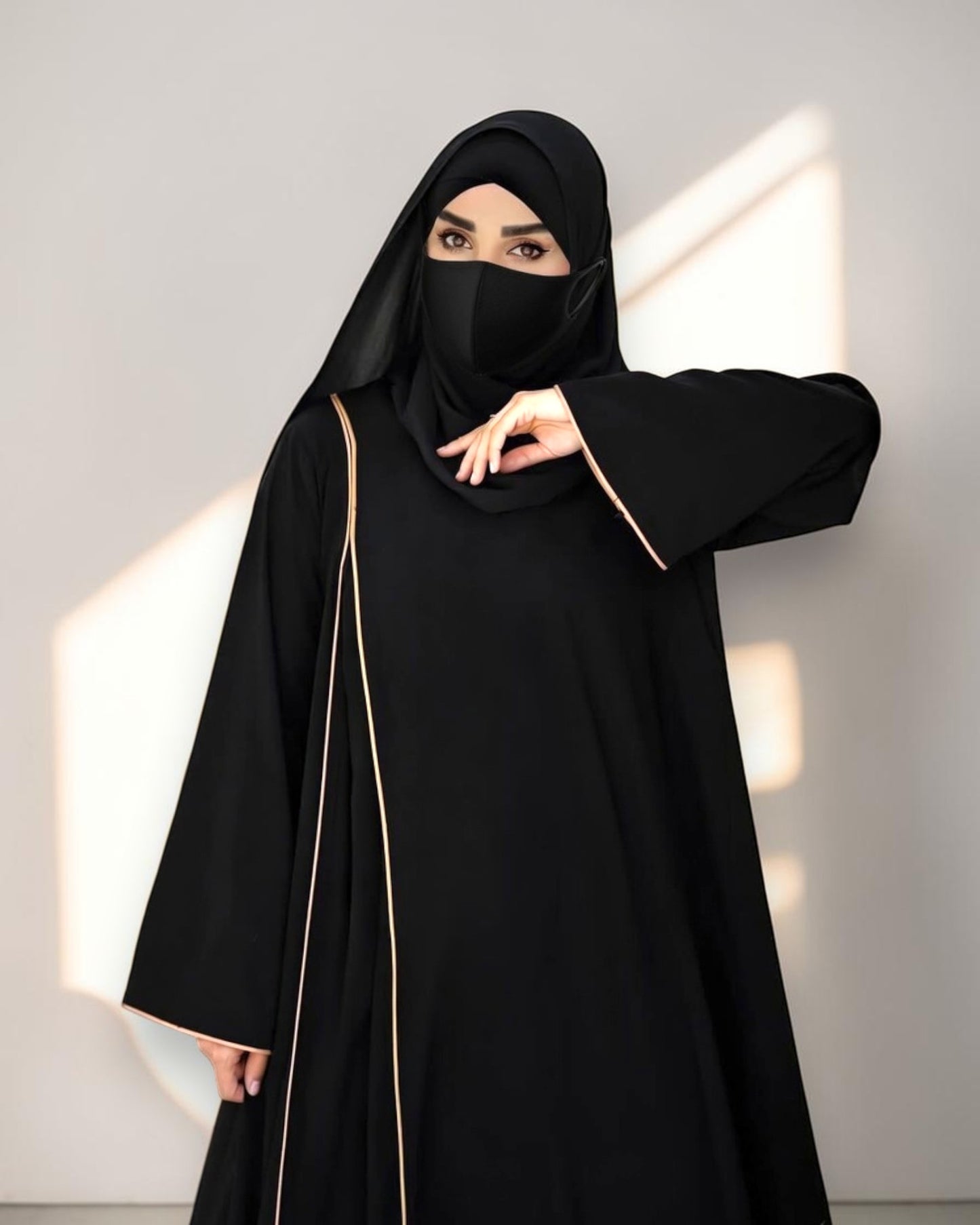 Designer Black Closed Abaya with Contrast Piping and Extra Flare
