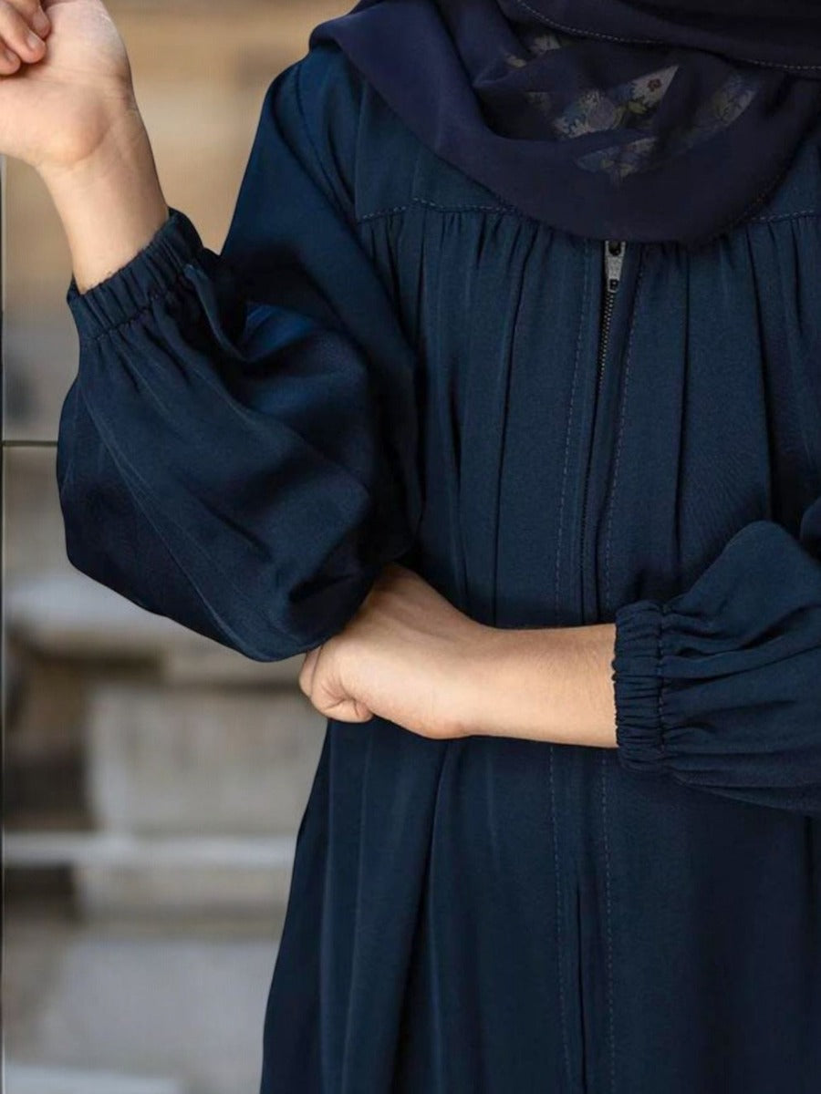 Front Open Abaya in Premium Firdaus Fabric For Kids | Elasticated Sleeves | Full Zipper Opening