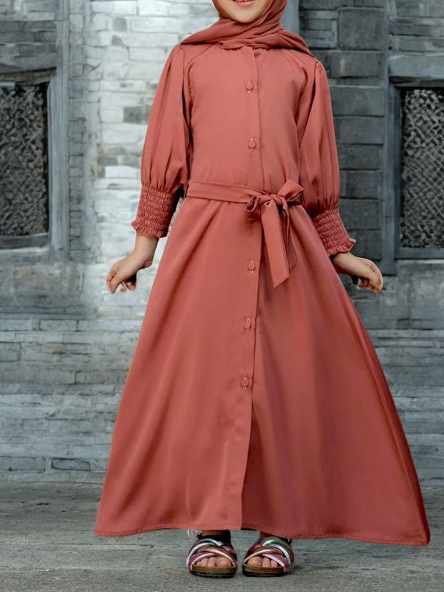 Front Open Abaya in Premium Firdaus Fabric For Kids | Smocky Sleeves