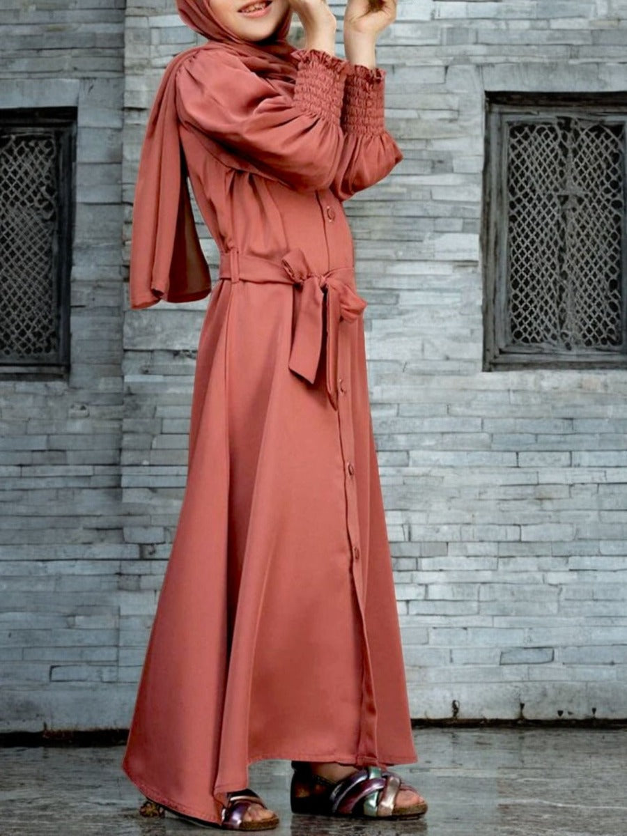 Front Open Abaya in Premium Firdaus Fabric For Kids | Smocky Sleeves