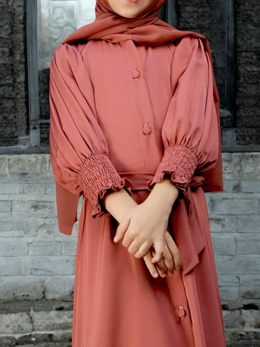 Front Open Abaya in Premium Firdaus Fabric For Kids | Smocky Sleeves