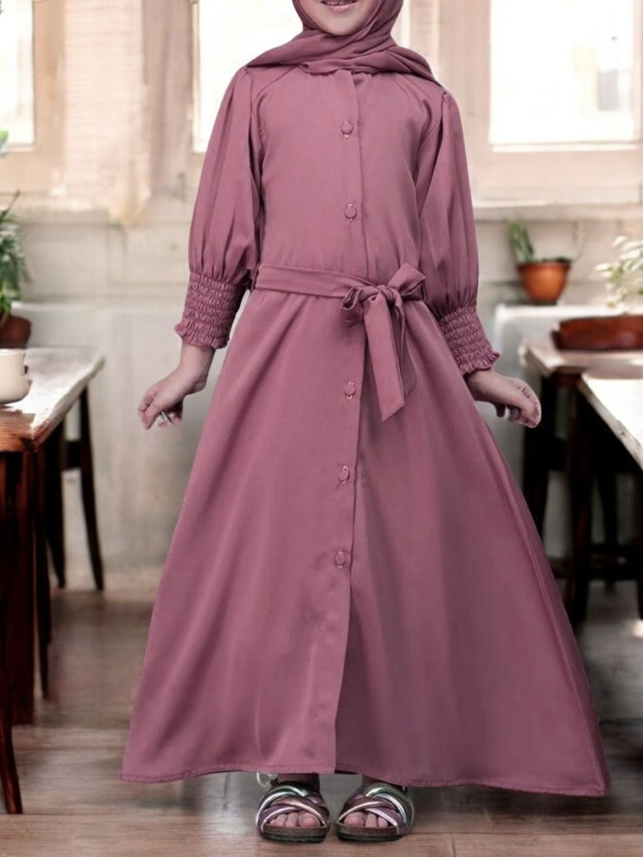 Front Open Abaya in Premium Firdaus Fabric For Kids | Smocky Sleeves