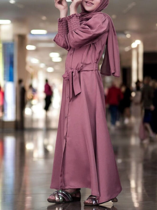 Front Open Abaya in Premium Firdaus Fabric For Kids | Smocky Sleeves