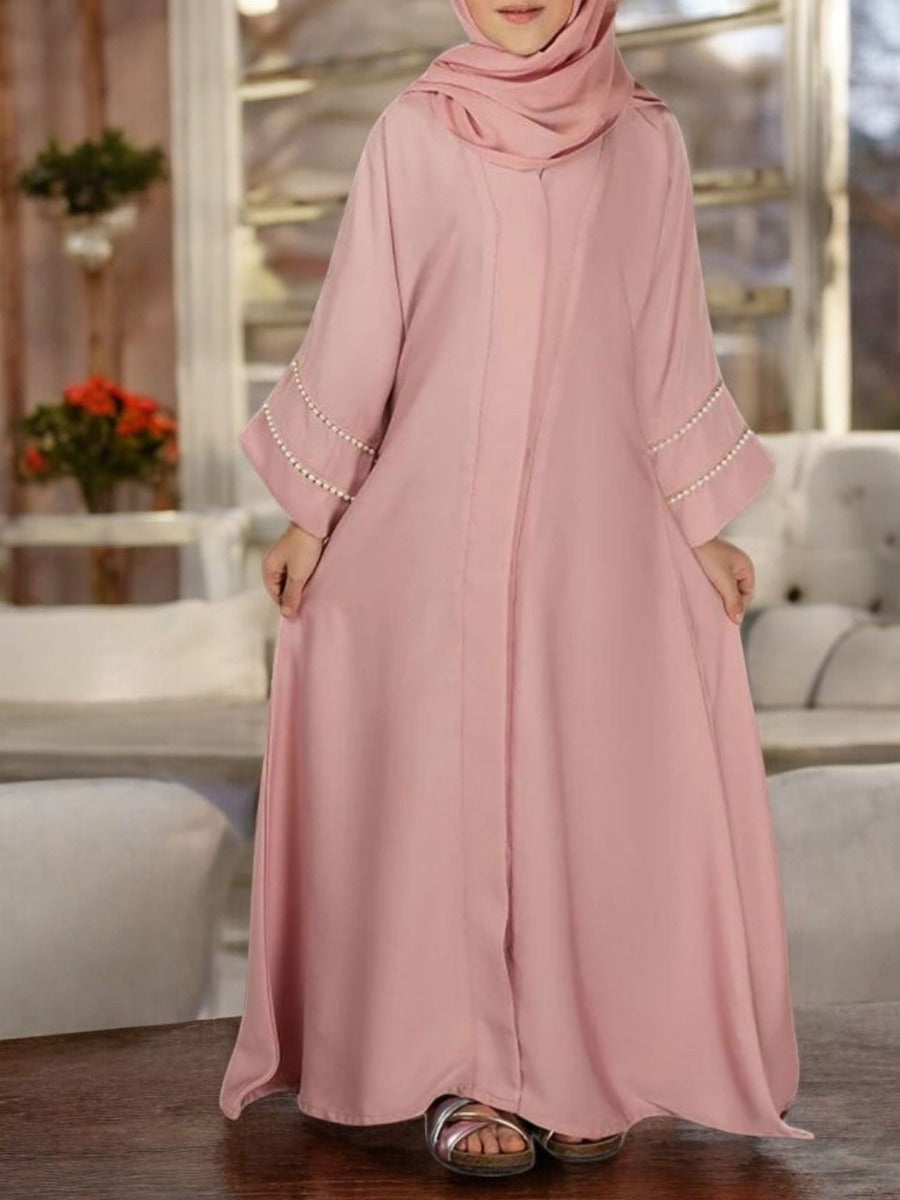 Front Open Abaya in Premium Praada Fabric For Kids | Flared Sleeves with Pearl Lacework