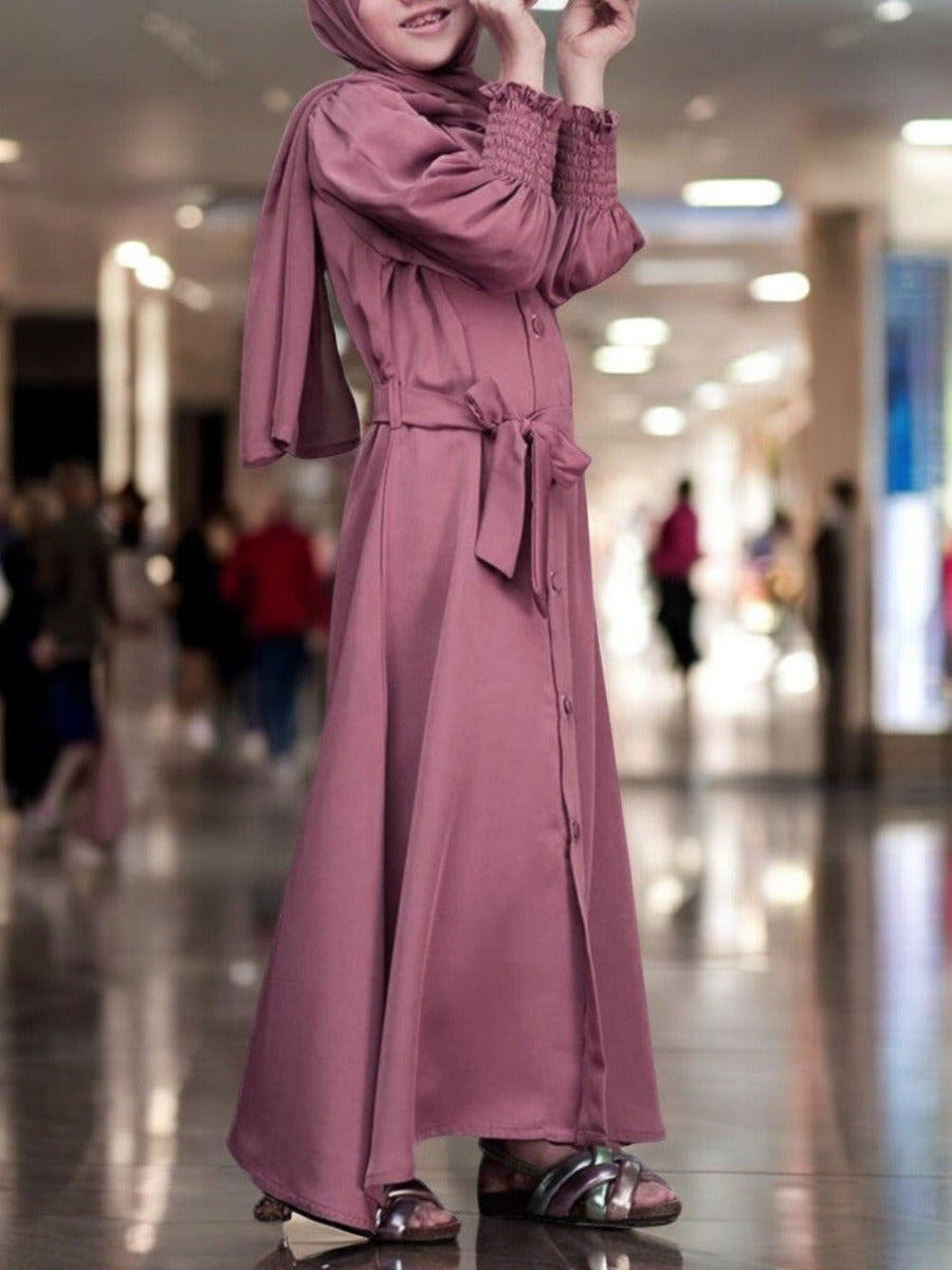 Front Open Abaya in Premium Firdaus Fabric For Kids | Smocky Sleeves