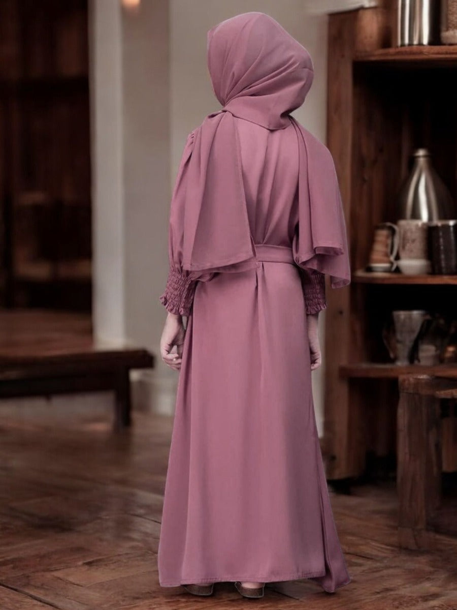 Front Open Abaya in Premium Firdaus Fabric For Kids | Smocky Sleeves