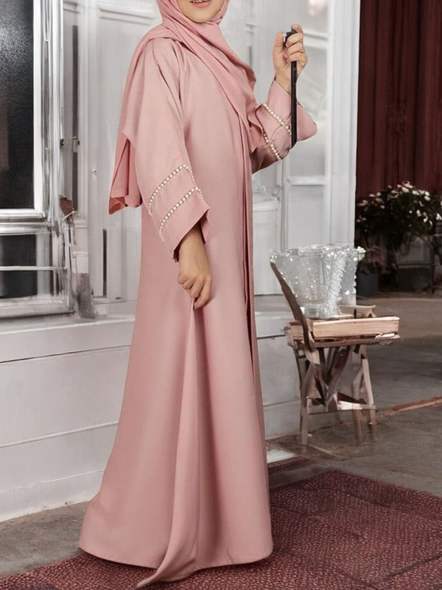 Front Open Abaya in Premium Praada Fabric For Kids | Flared Sleeves with Pearl Lacework