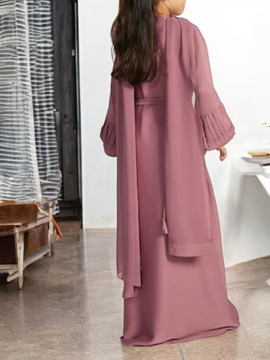 Three-Piece Abaya Set with Cardigan, Hijab, and Belt