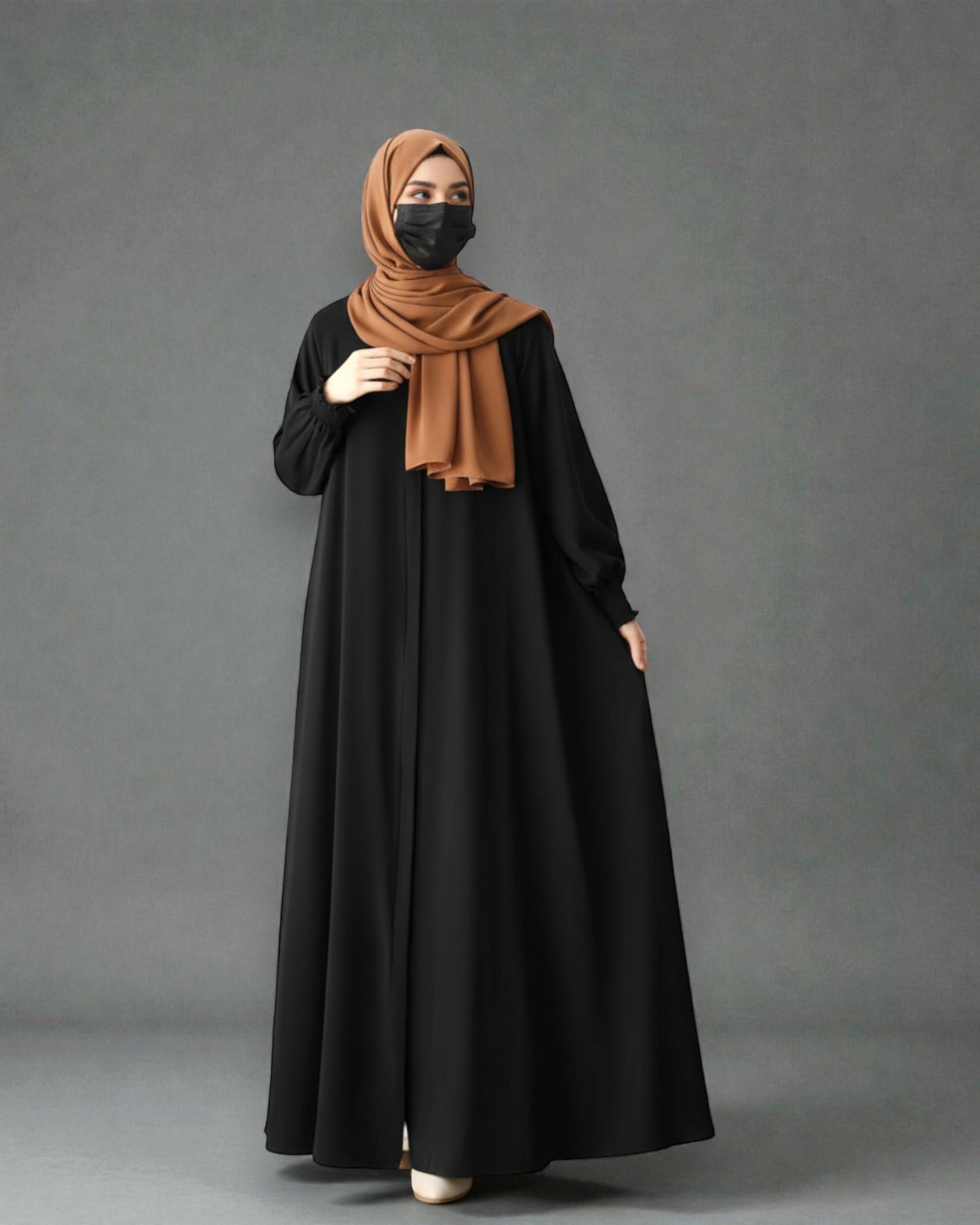 Front Open Abaya with Zipper Opening, Umbrella Flare and Matching Belt