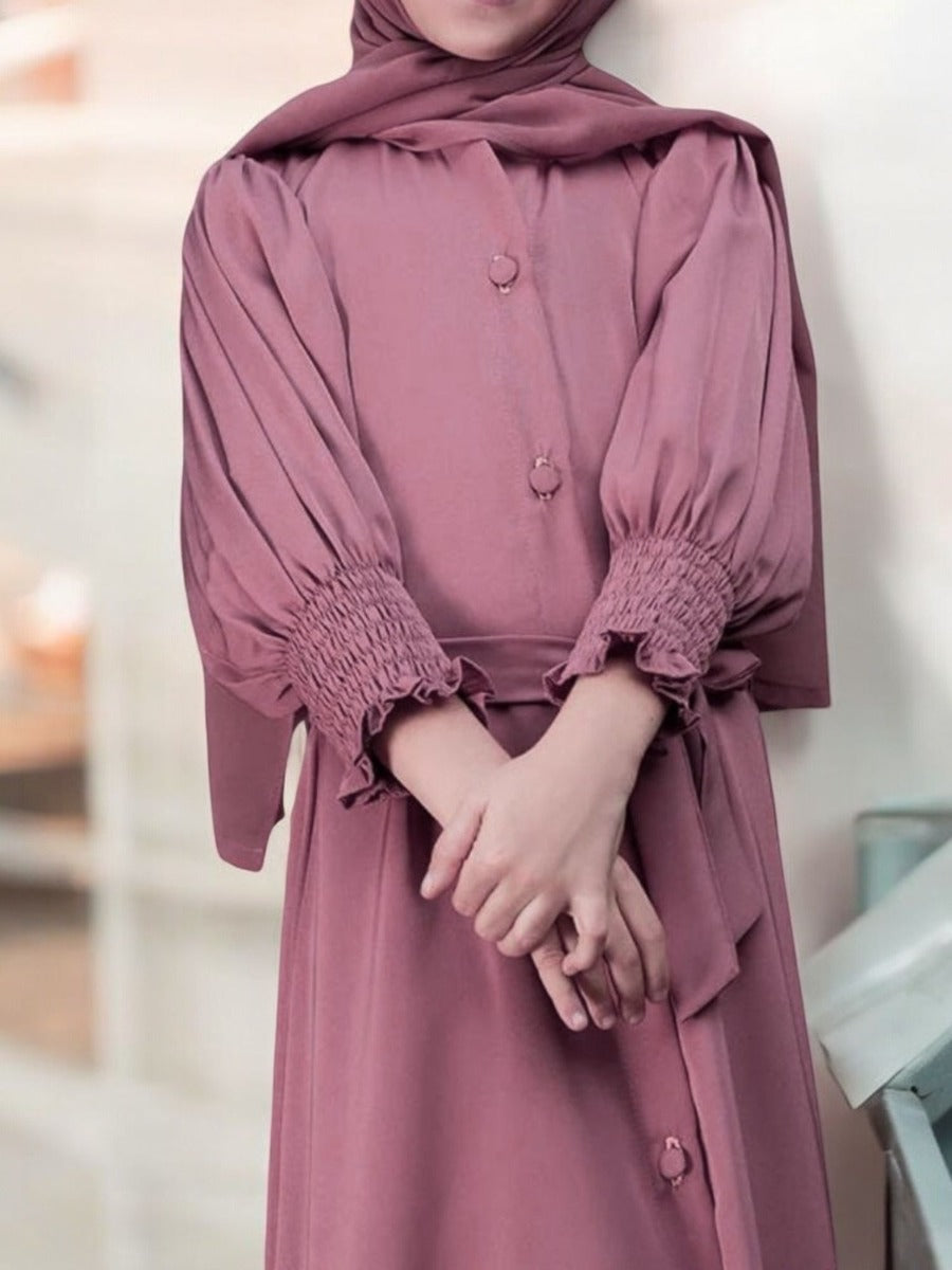 Front Open Abaya in Premium Firdaus Fabric For Kids | Smocky Sleeves