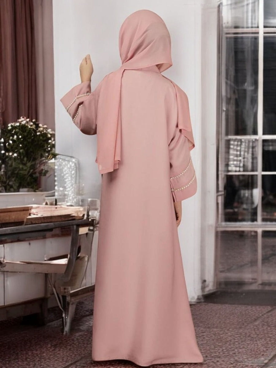 Front Open Abaya in Premium Praada Fabric For Kids | Flared Sleeves with Pearl Lacework