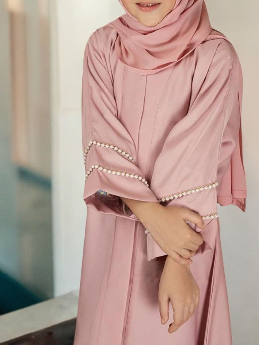 Front Open Abaya in Premium Praada Fabric For Kids | Flared Sleeves with Pearl Lacework
