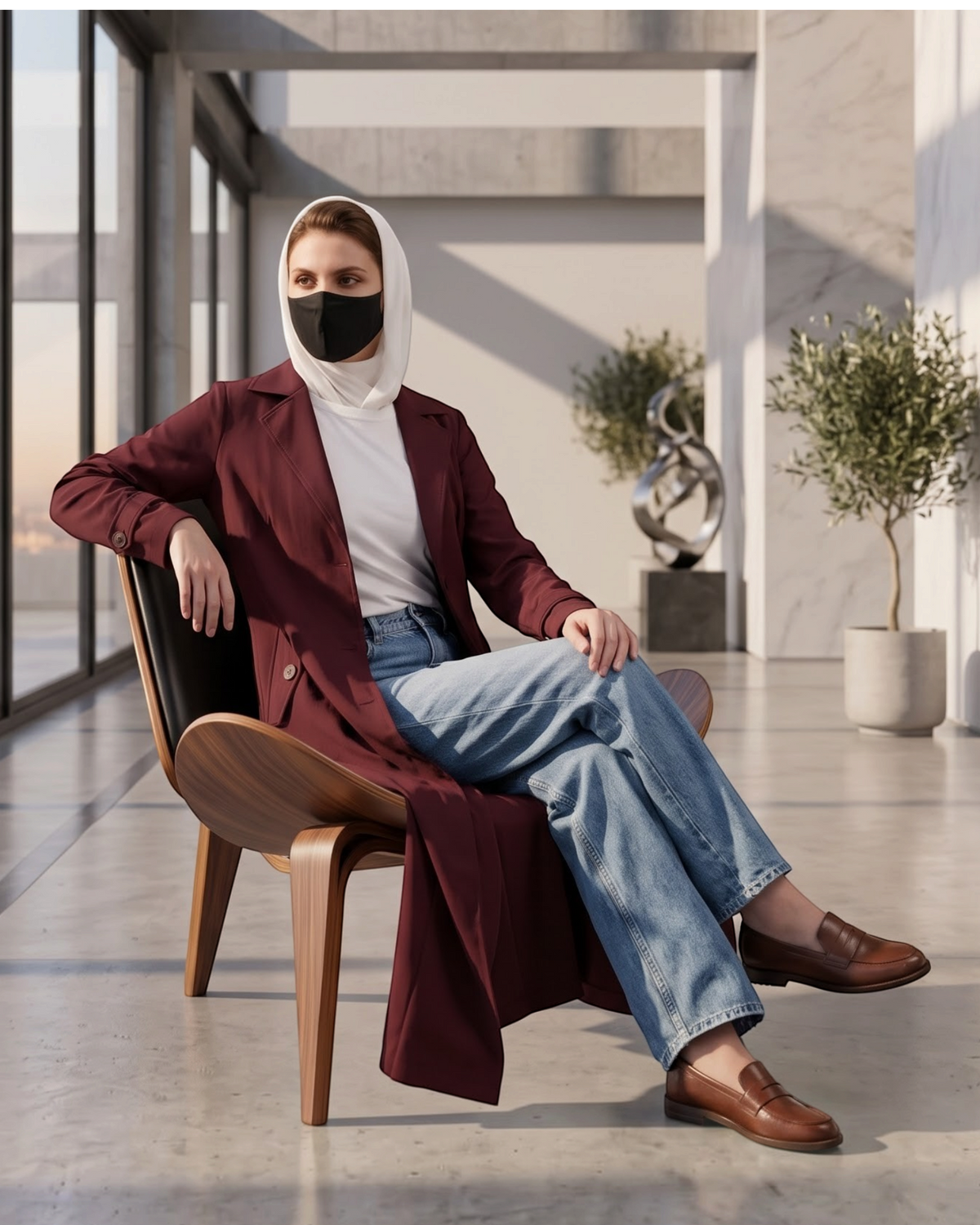 Executive Abaya Coat with Structured Shoulders (Maroon)