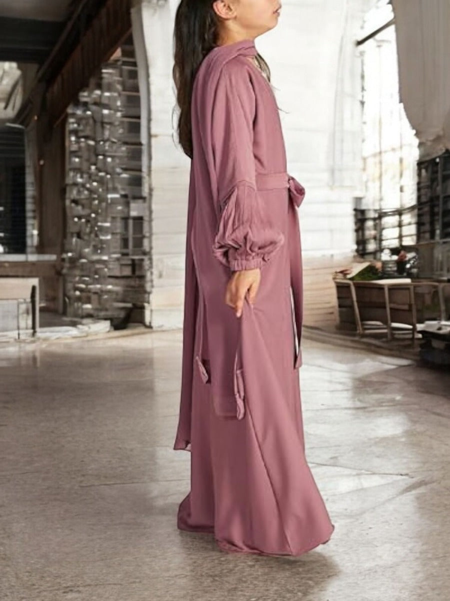 Three-Piece Abaya Set with Cardigan, Hijab, and Belt