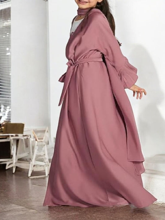 Three-Piece Abaya Set with Cardigan, Hijab, and Belt