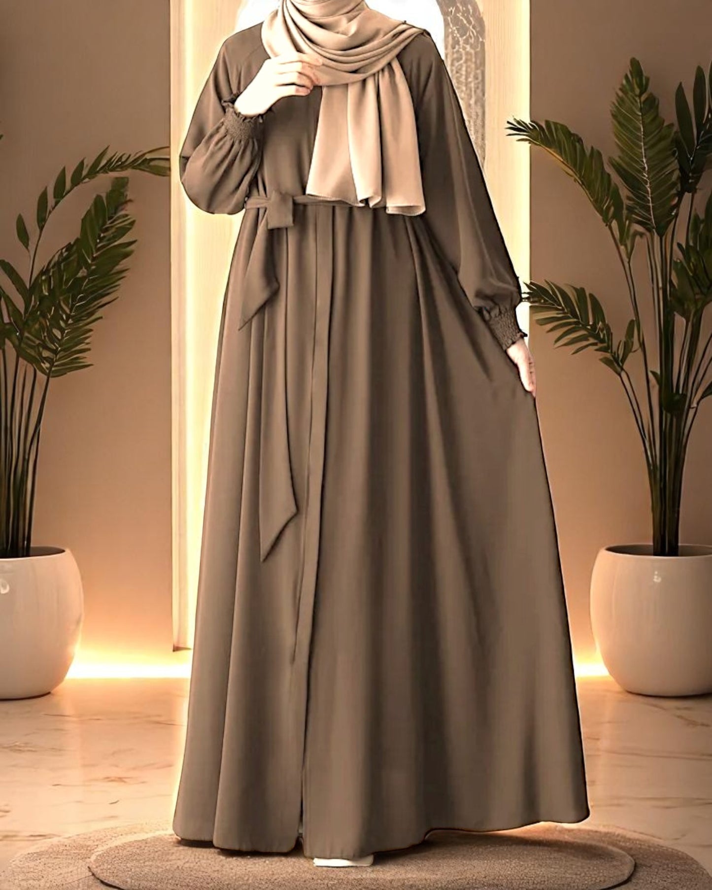 Front Open Abaya with Zipper Opening, Umbrella Flare and Matching Belt