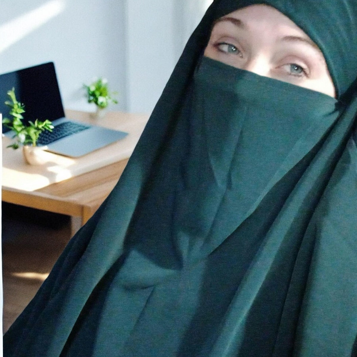 Bashariya Green Color Two-Layer Triangle Prayer Khimar hijab with Attached Mouthpiece
