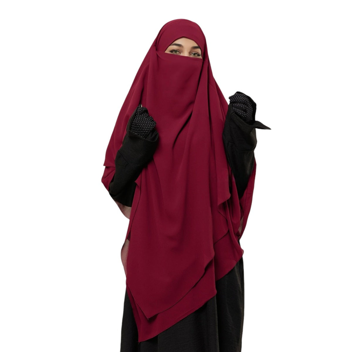 Bashariya Maroon Color Two-Layer Triangle Prayer Khimar Hijab with Attached Mouthpiece | Ready-to-Wear with Tie-Back Design in Soft Georgette Fabric