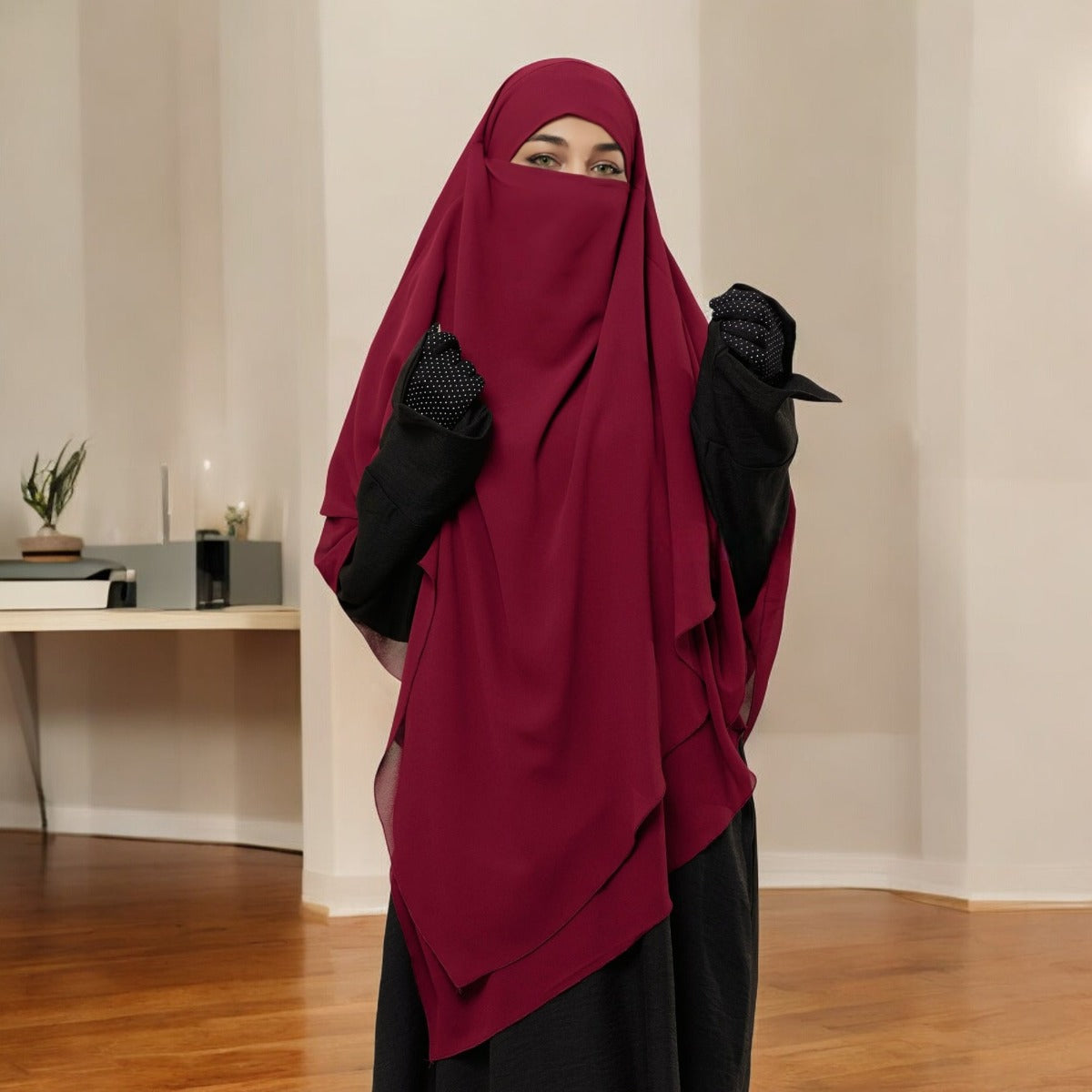 Bashariya Maroon Color Two-Layer Triangle Prayer Khimar Hijab with Attached Mouthpiece | Ready-to-Wear with Tie-Back Design in Soft Georgette Fabric