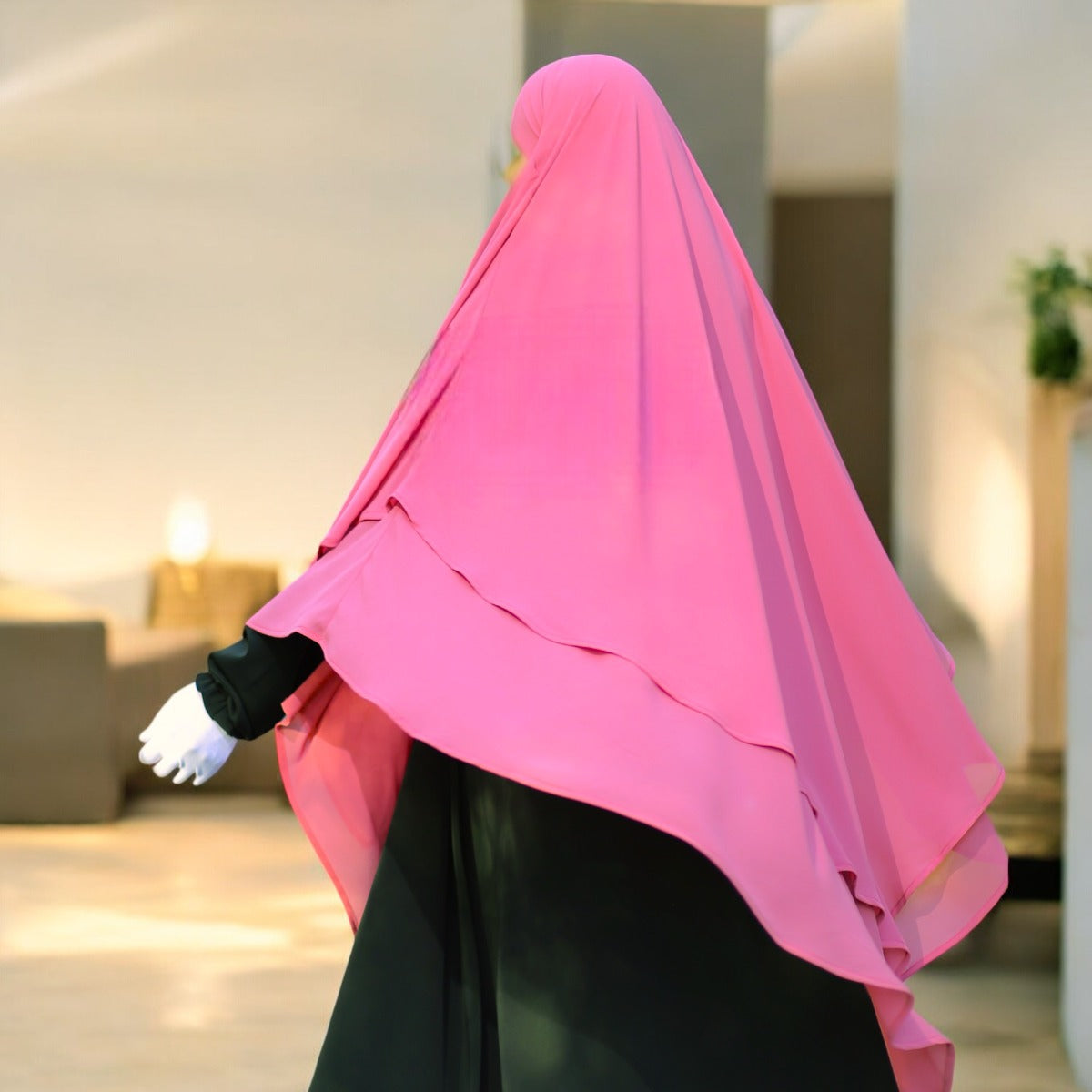 Bashariya Pink Color Two-Layer Triangle Prayer Khimar Hijab with Attached Mouthpiece | Ready-to-Wear with Tie-Back Design in Soft Georgette Fabric Wear with Tie-Back Design in Soft Georgette Fabric