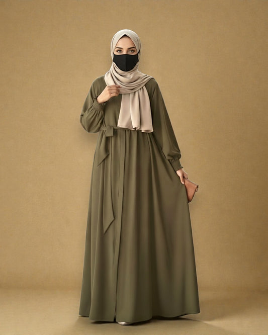 Front Open Abaya with Zipper Opening, Umbrella Flare and Matching Belt