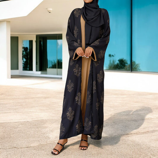 Elegant Three-Piece Mahram-Abaya Set with Golden Print