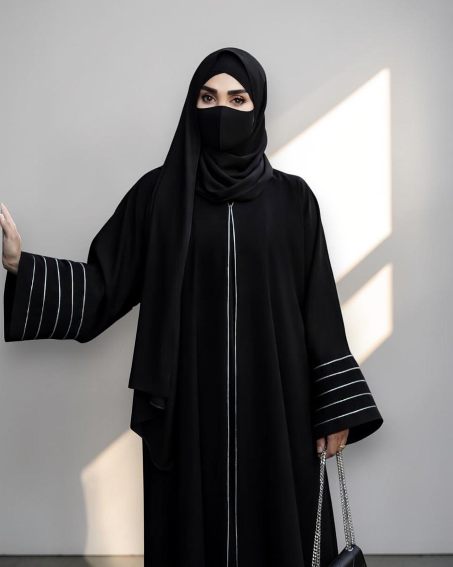Designer Black Front-Open Abaya with Contrast Piping and Pockets