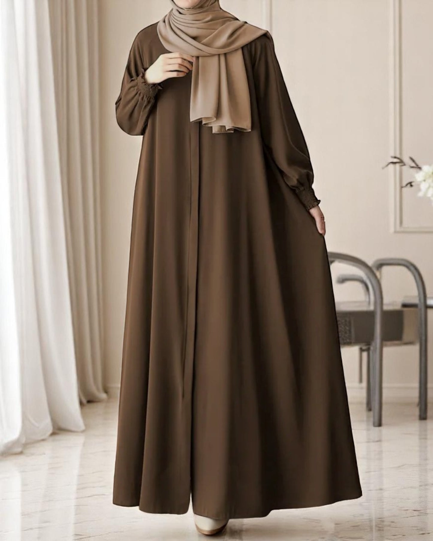 Front Open Abaya with Zipper Opening, Umbrella Flare and Matching Belt